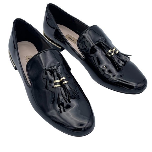 ZARA | Tasseled Black Patent Leather Style Loafer Flats | Size US 6.5 / EUR 37 - Picture 7 of 13